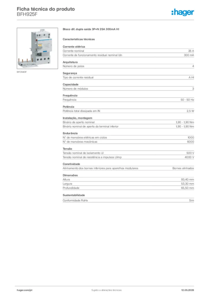 Imagem Hager Ficha técnica do produto BFH925F | Hager Portugal