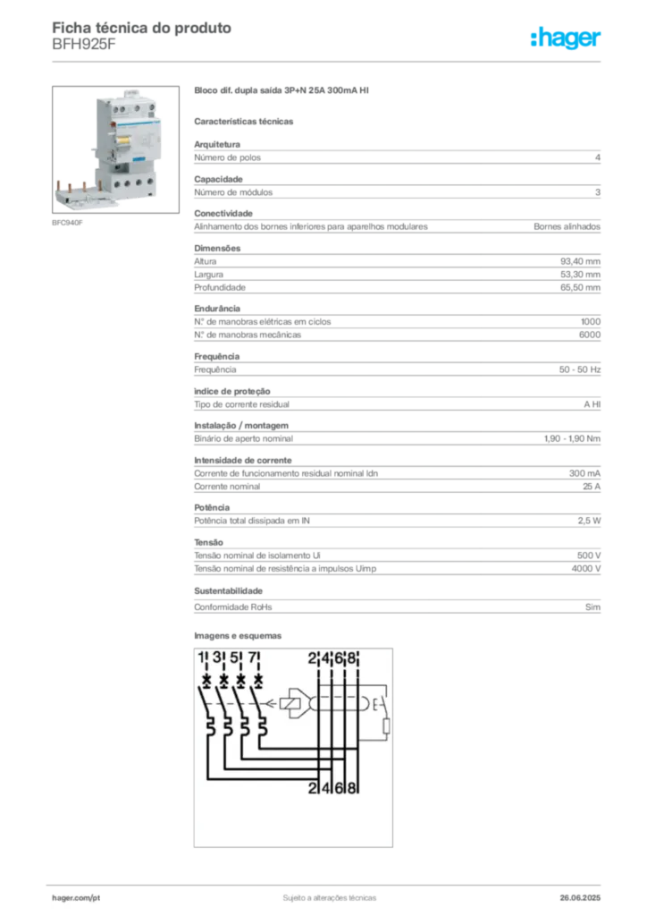 Imagem Hager Ficha técnica do produto BFH925F | Hager Portugal