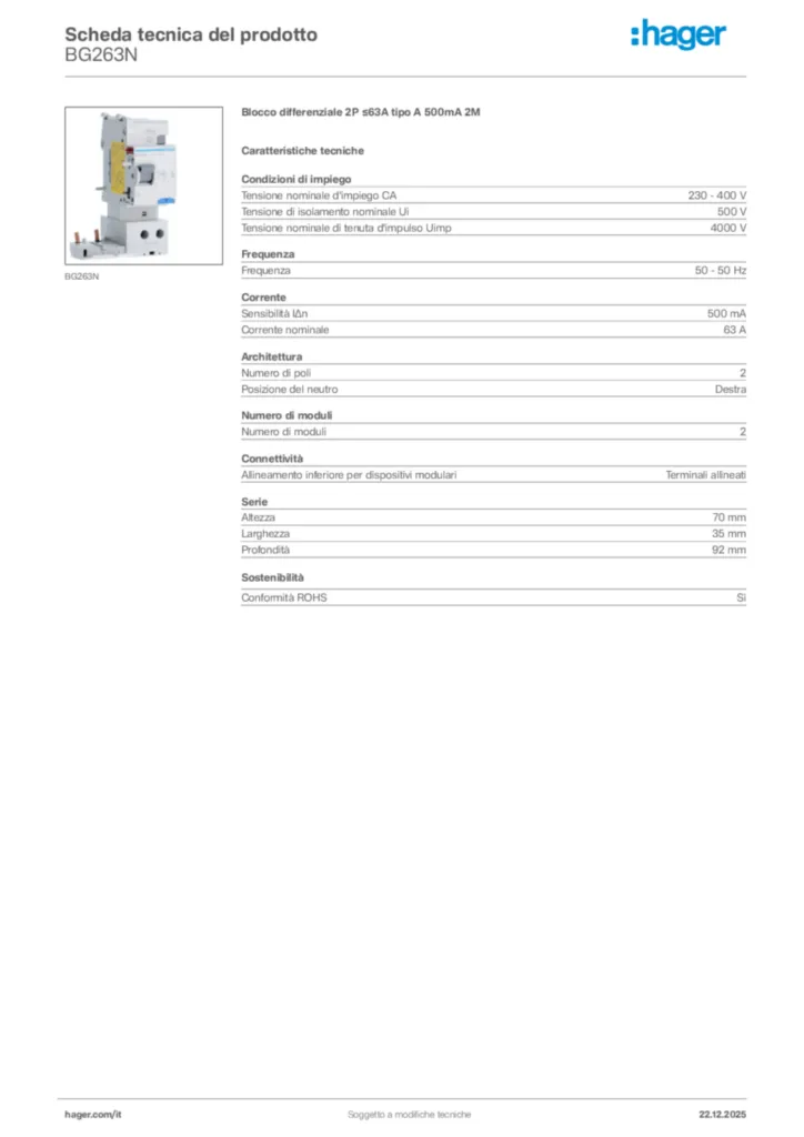 Immagine Hager Scheda tecnica del prodotto BG263N | Hager Italia