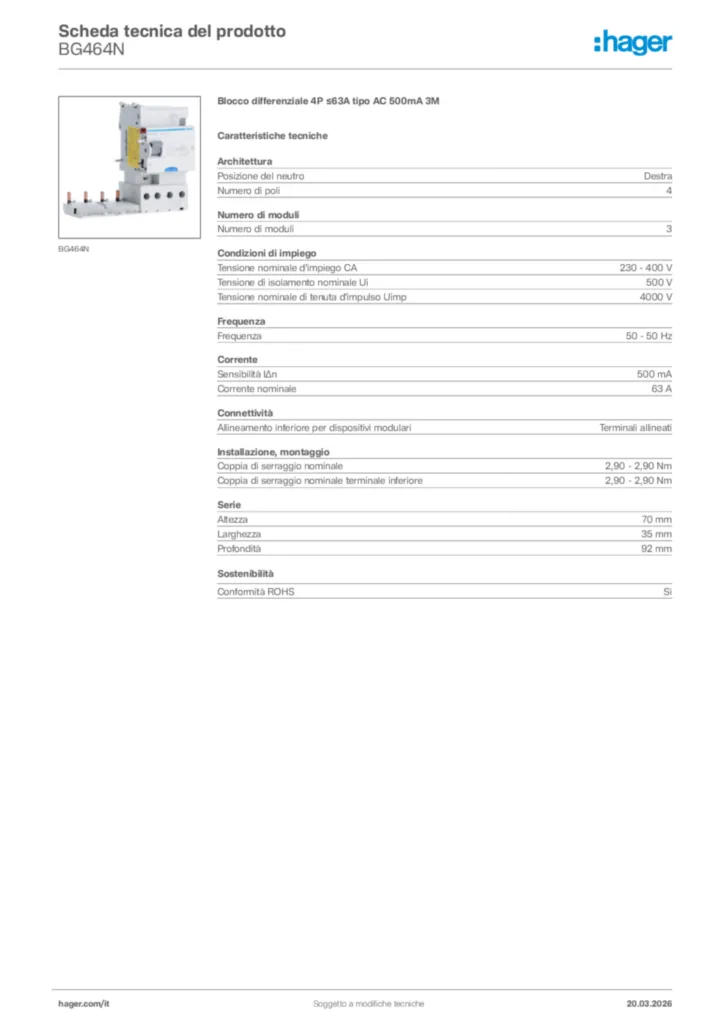 Immagine Hager Scheda tecnica del prodotto BG464N | Hager Italia