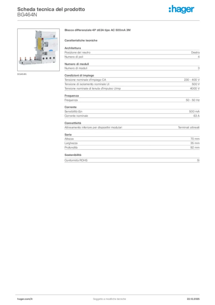Immagine Hager Scheda tecnica del prodotto BG464N | Hager Italia