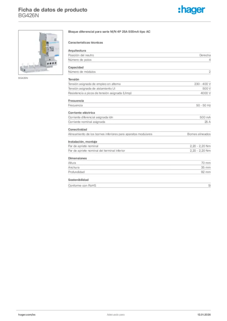 Imagen Hager Ficha de datos de producto BG426N | Hager España