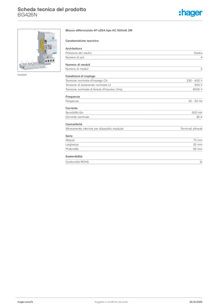 Immagine Hager Scheda tecnica del prodotto BG426N | Hager Italia
