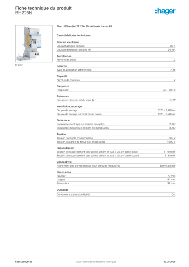 Image Hager Fiche technique du produit BH225N | Hager Belgique