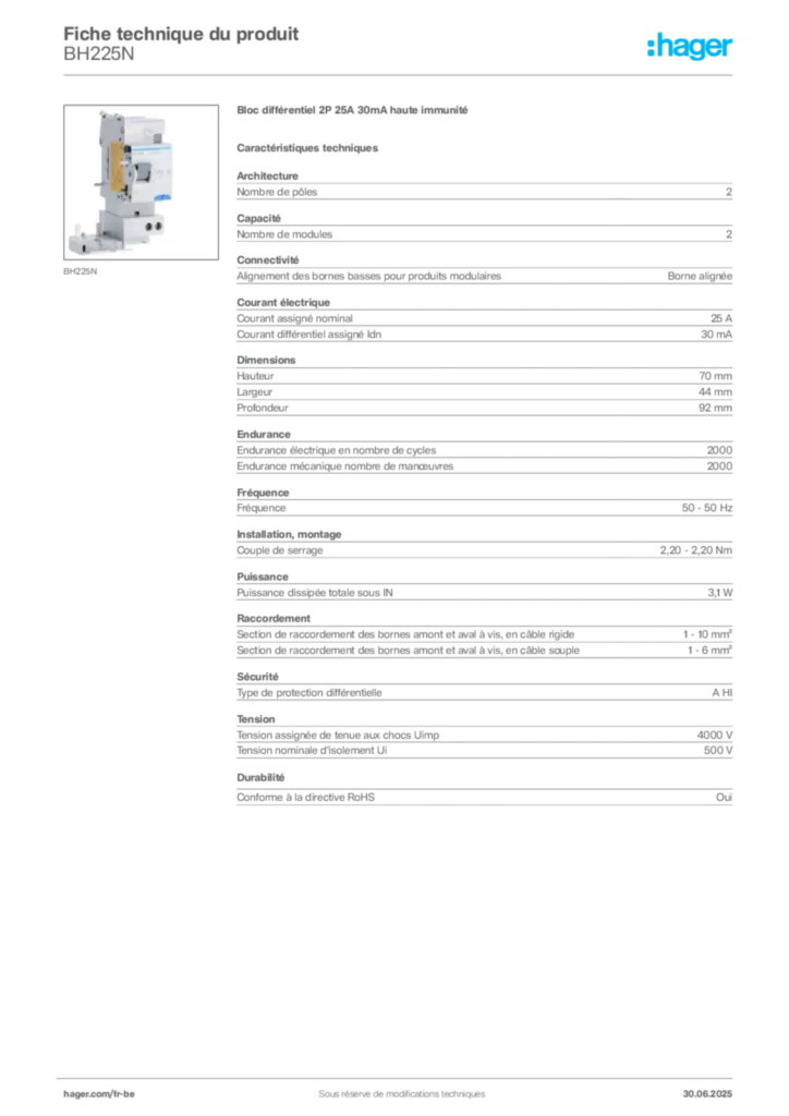 Image Hager Fiche technique du produit BH225N | Hager Belgique