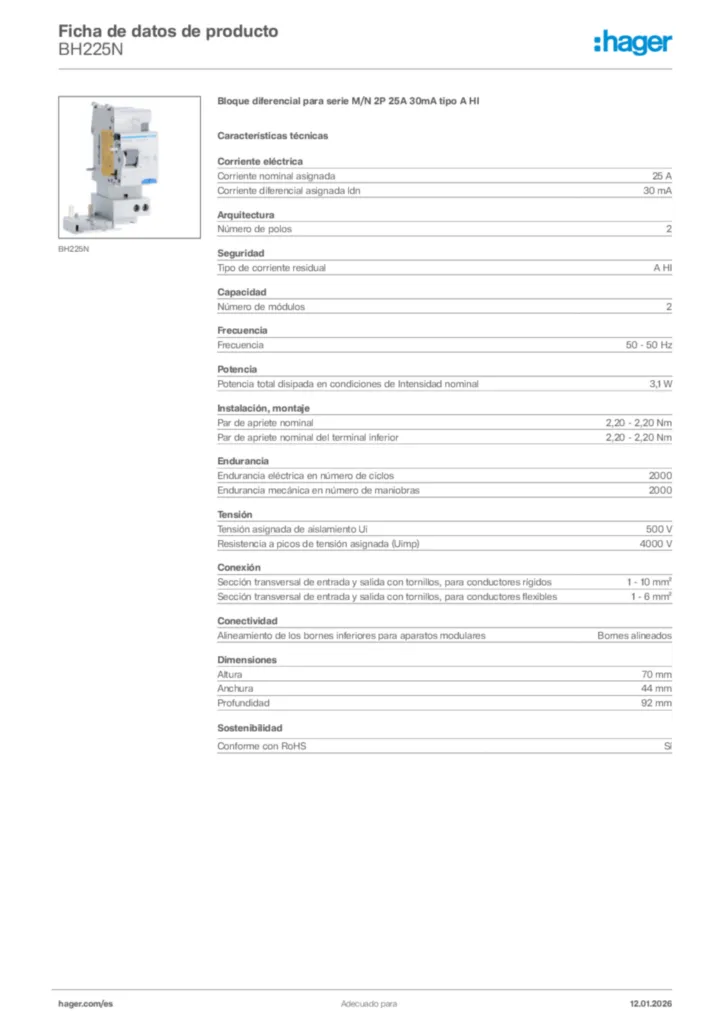 Imagen Hager Ficha de datos de producto BH225N | Hager España