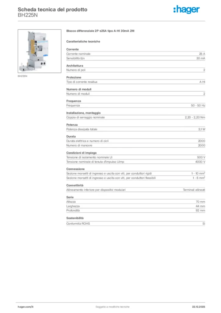 Immagine Hager Scheda tecnica del prodotto BH225N | Hager Italia
