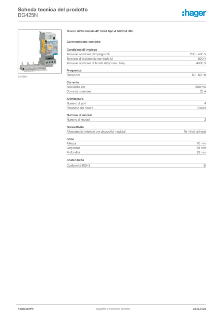 Immagine Hager Scheda tecnica del prodotto BG425N | Hager Italia