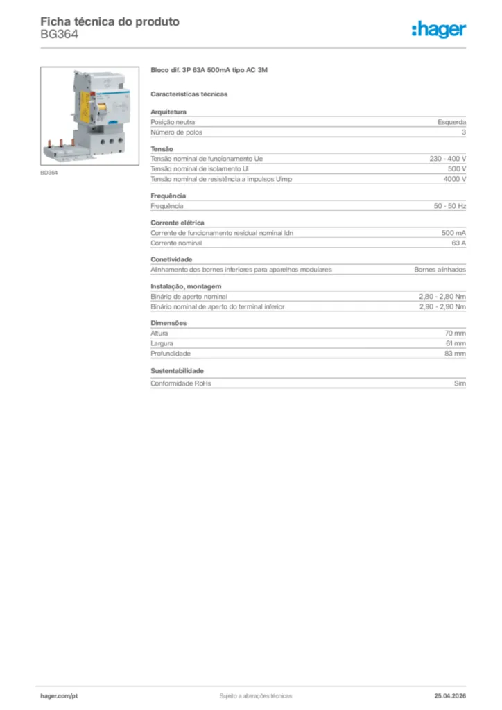 Imagem Hager Ficha técnica do produto BG364 | Hager Portugal