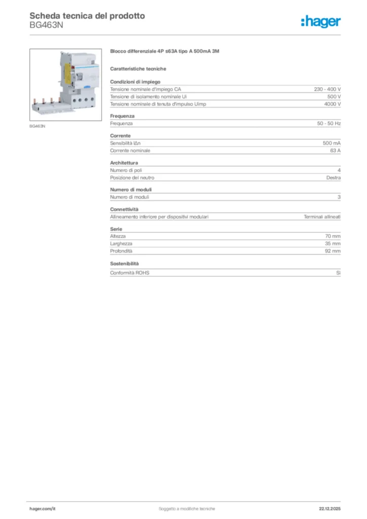 Immagine Hager Scheda tecnica del prodotto BG463N | Hager Italia