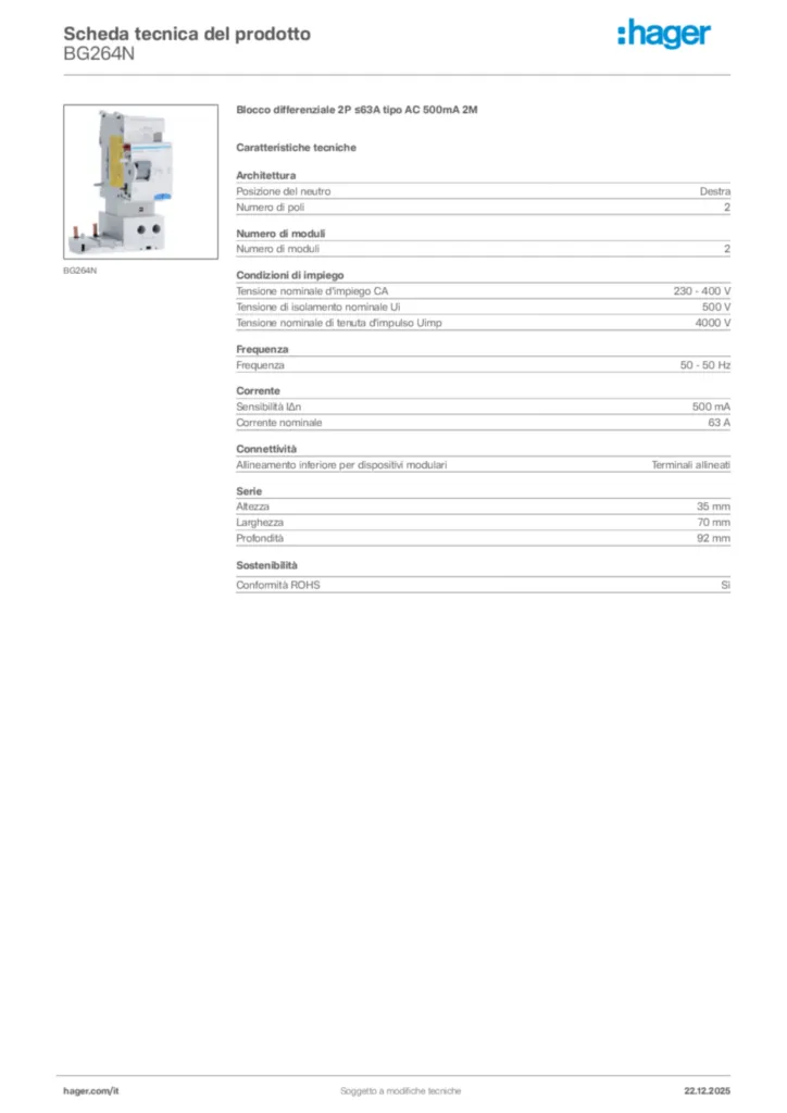 Immagine Hager Scheda tecnica del prodotto BG264N | Hager Italia