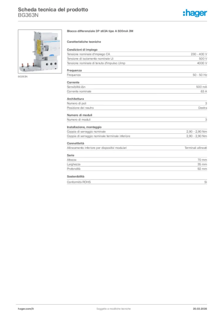 Immagine Hager Scheda tecnica del prodotto BG363N | Hager Italia