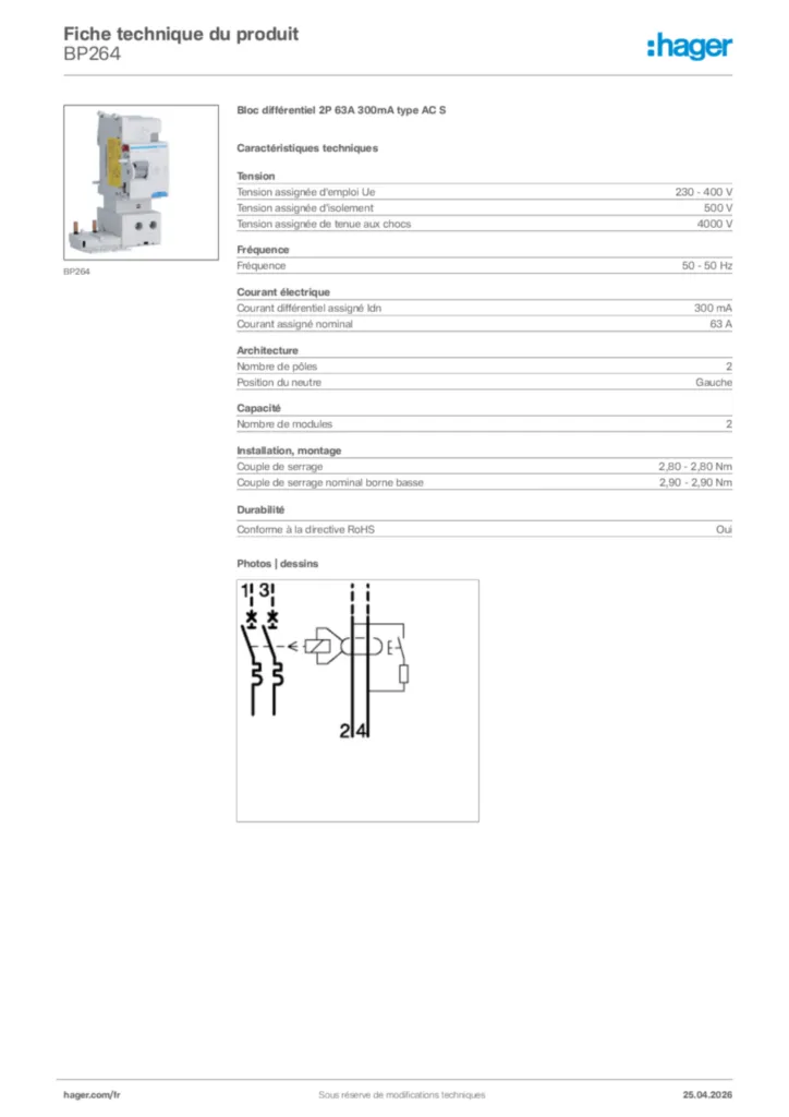 Image Hager Fiche technique du produit BP264 | Hager France