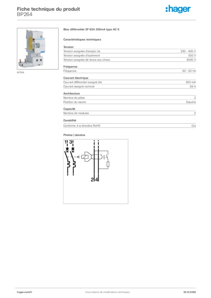 Image Hager Fiche technique du produit BP264 | Hager France