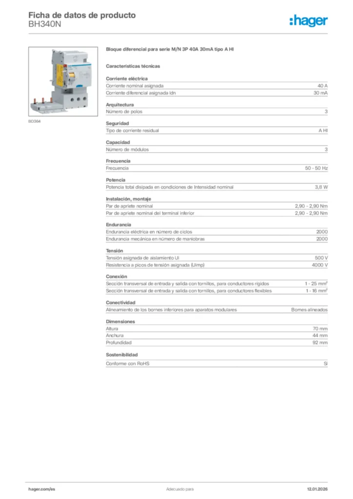 Imagen Hager Ficha de datos de producto BH340N | Hager España