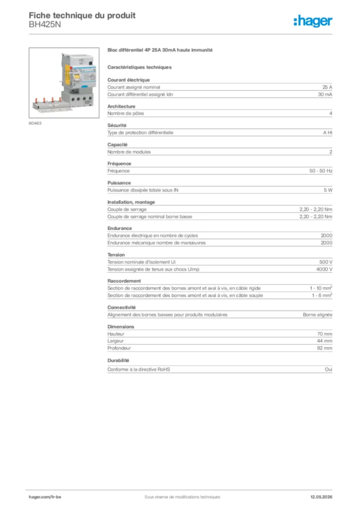 Image Hager Fiche technique du produit BH425N | Hager Belgique