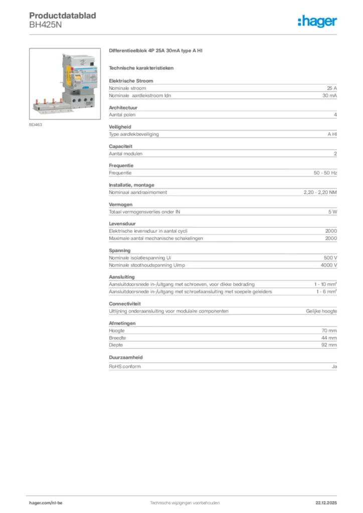 Afbeelding Hager Productdatablad BH425N | Hager Belgium