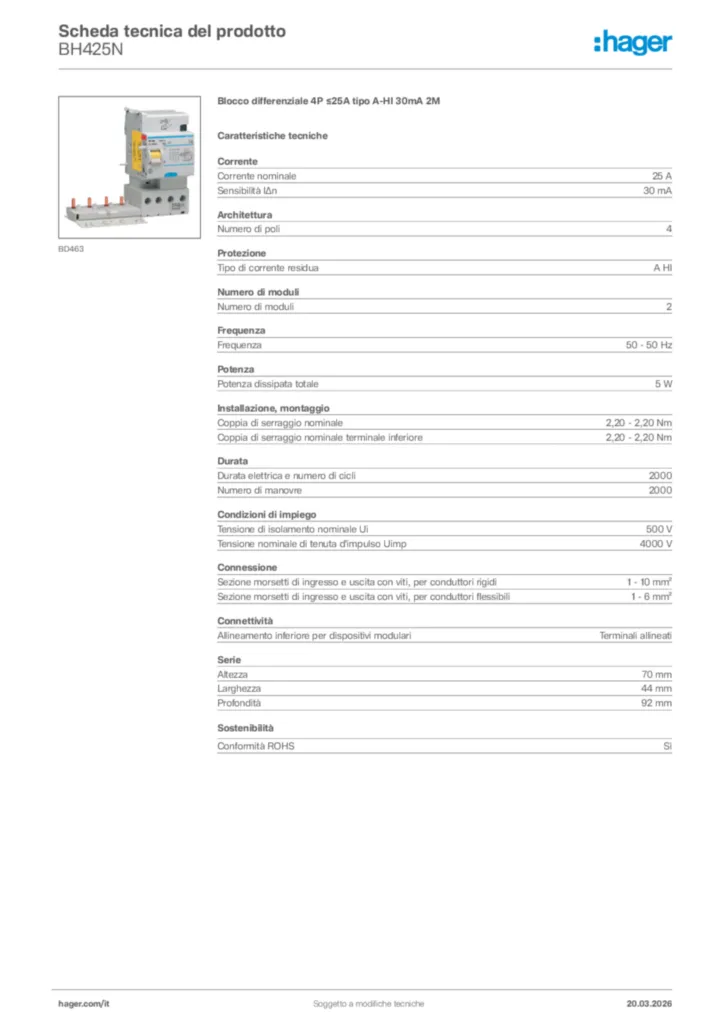 Immagine Hager Scheda tecnica del prodotto BH425N | Hager Italia