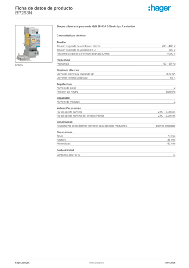 Imagen Hager Ficha de datos de producto BP263N | Hager España
