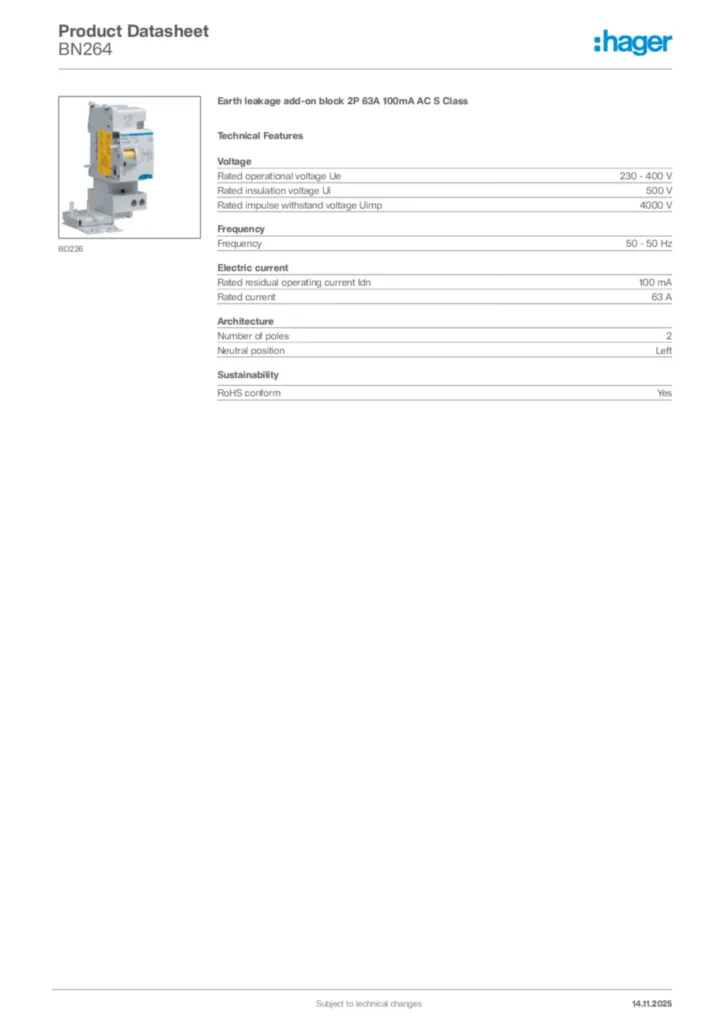 Image Hager Product data sheet BN264  | Hager Africa