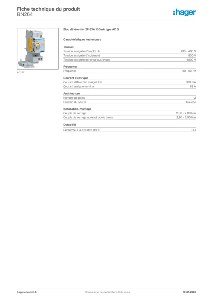 Image Hager Fiche technique du produit BN264 | Hager Afrique