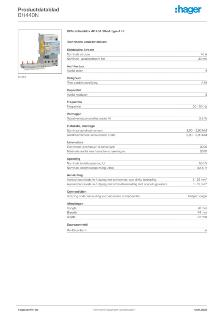 Afbeelding Hager Productdatablad BH440N | Hager Belgium