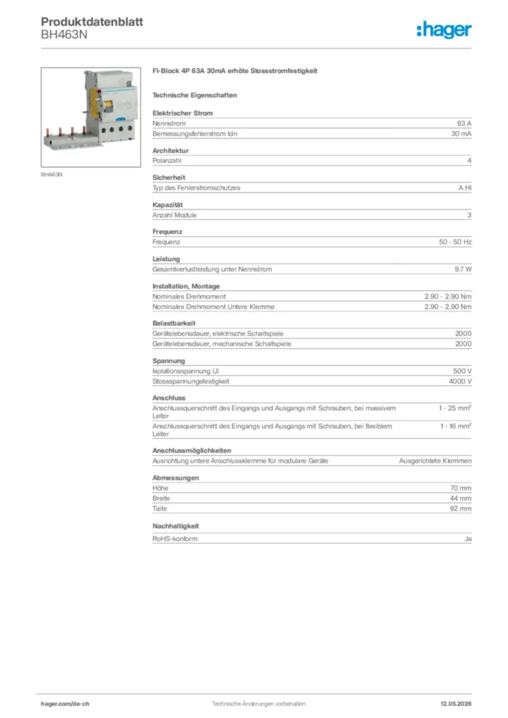 Bild Hager Produktdatenblatt BH463N | Hager Schweiz