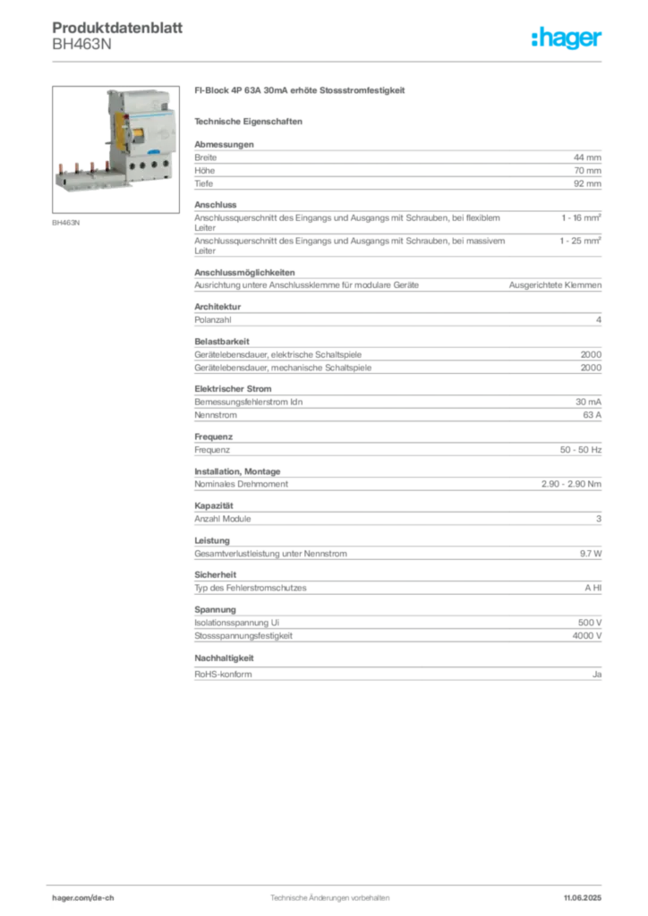 Bild Hager Produktdatenblatt BH463N | Hager Schweiz