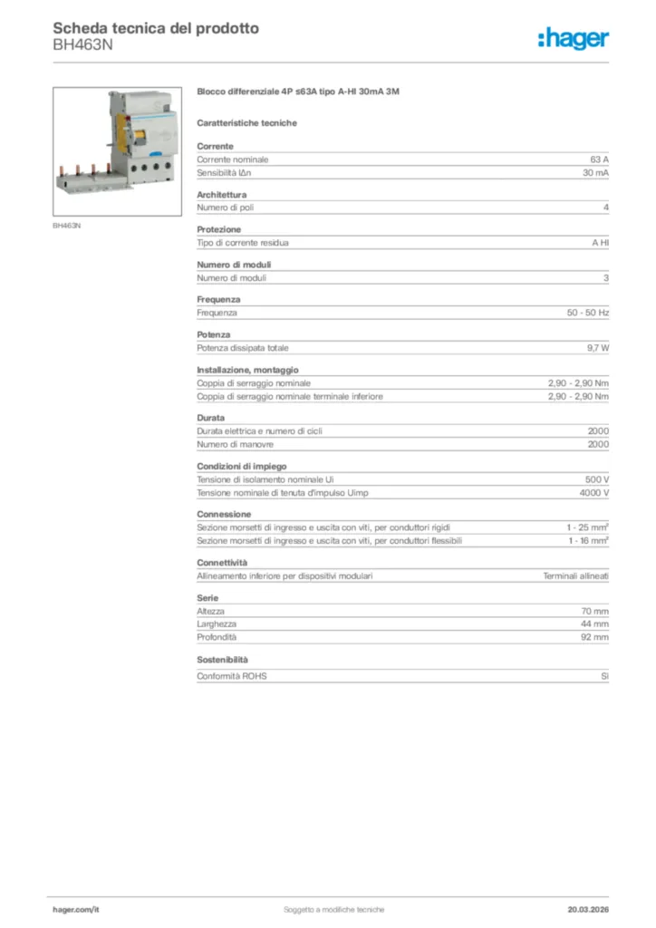 Immagine Hager Scheda tecnica del prodotto BH463N | Hager Italia