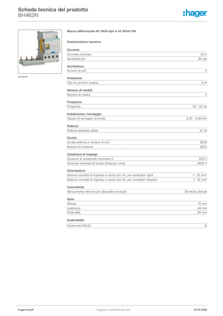 Immagine Hager Scheda tecnica del prodotto BH463N | Hager Italia