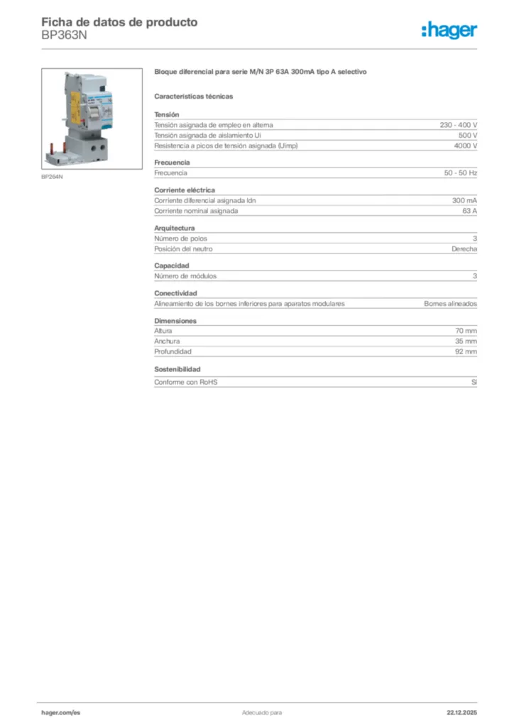 Imagen Hager Ficha de datos de producto BP363N | Hager España