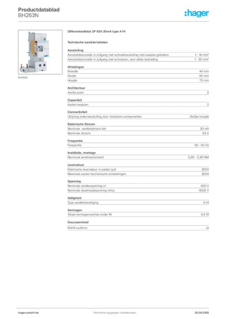 Afbeelding Hager Productdatablad BH263N | Hager Belgium