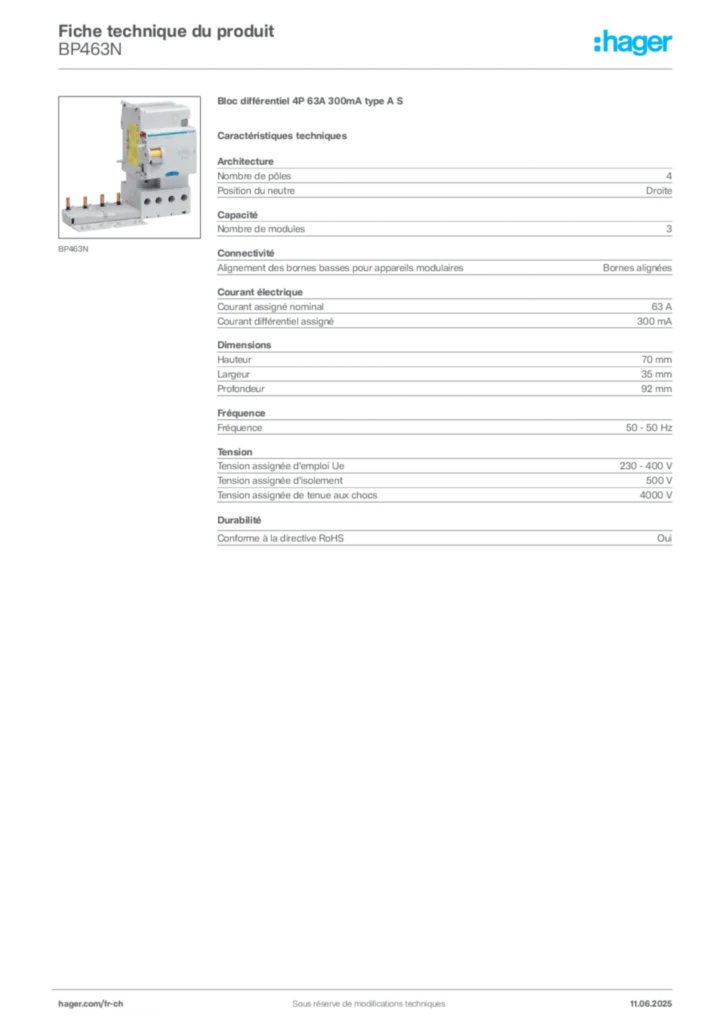 Image Hager Fiche technique du produit BP463N | Hager Suisse
