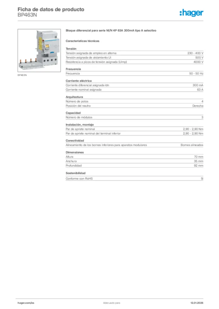 Imagen Hager Ficha de datos de producto BP463N | Hager España