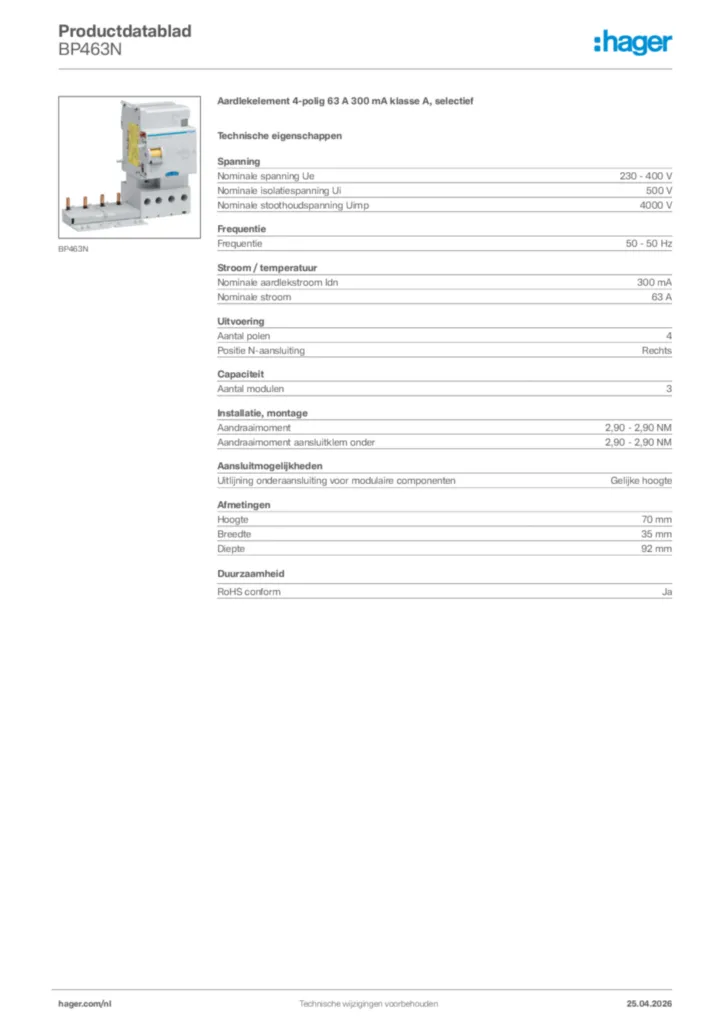 Afbeelding Hager Productdatablad BP463N | Hager Nederland
