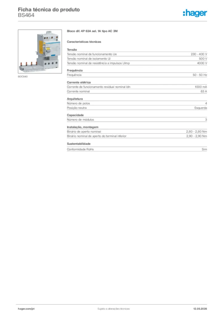 Imagem Hager Ficha técnica do produto BS464 | Hager Portugal