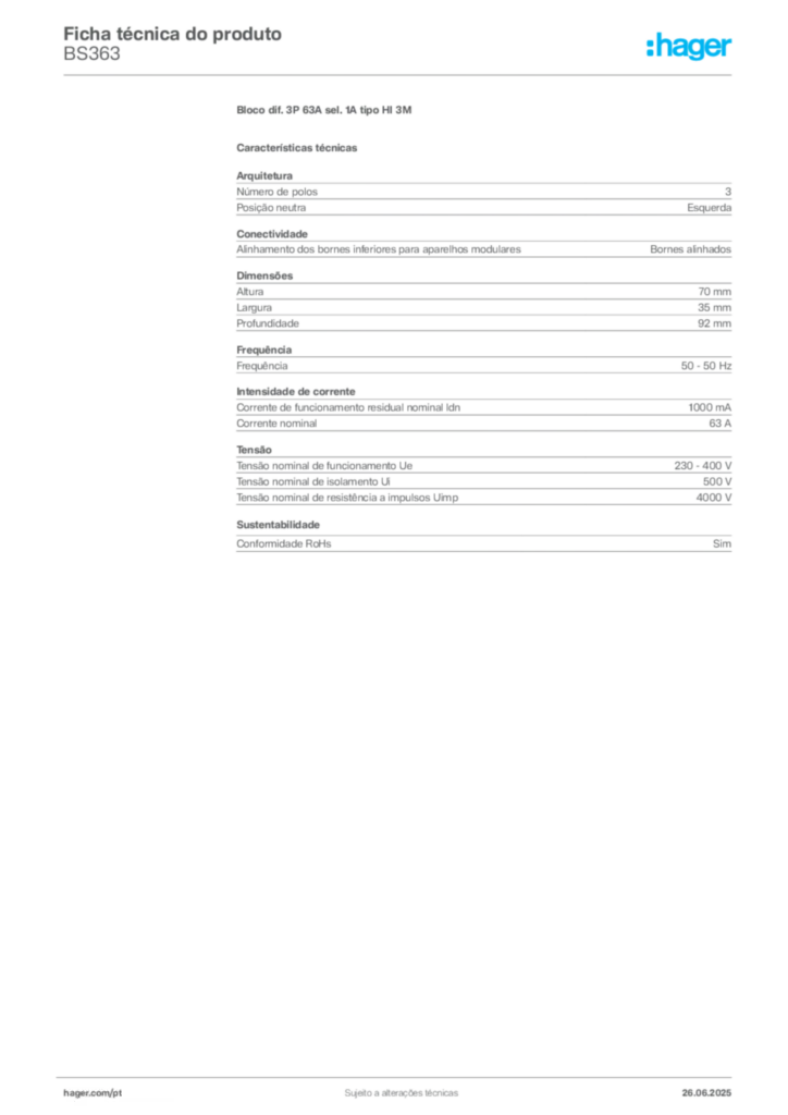 Imagem Hager Ficha técnica do produto BS363 | Hager Portugal