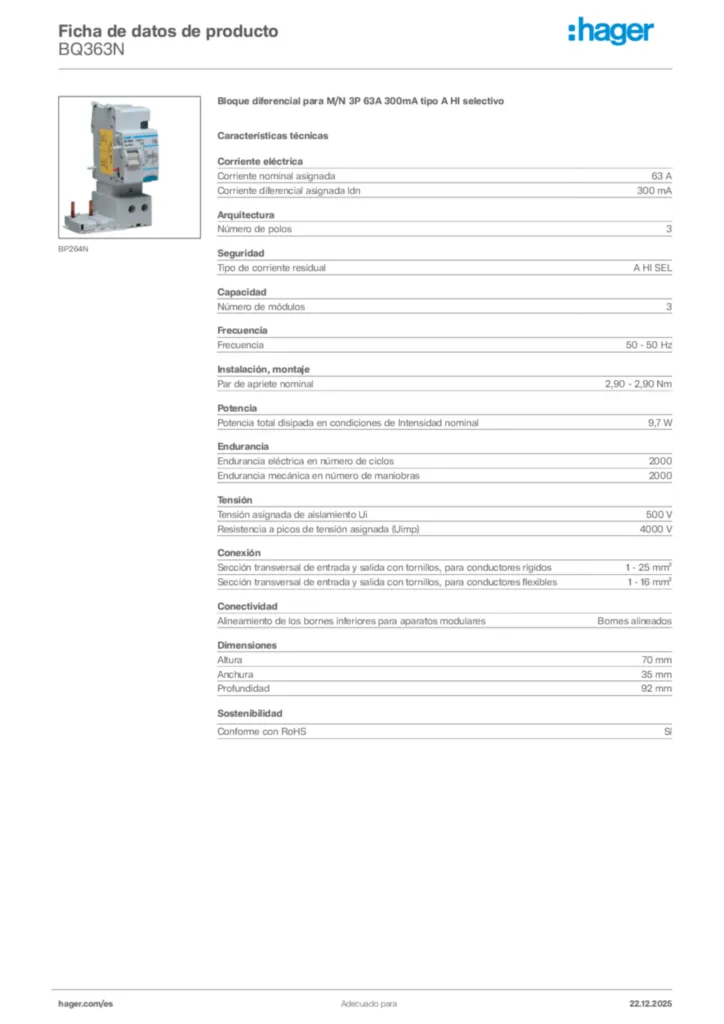 Imagen Hager Ficha de datos de producto BQ363N | Hager España