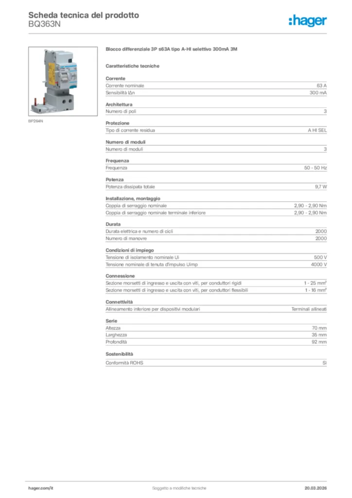 Immagine Hager Scheda tecnica del prodotto BQ363N | Hager Italia