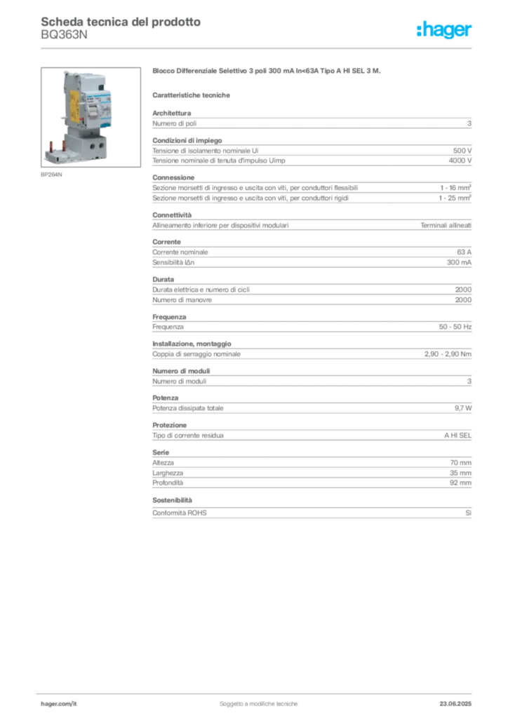 Immagine Hager Scheda tecnica del prodotto BQ363N | Hager Italia