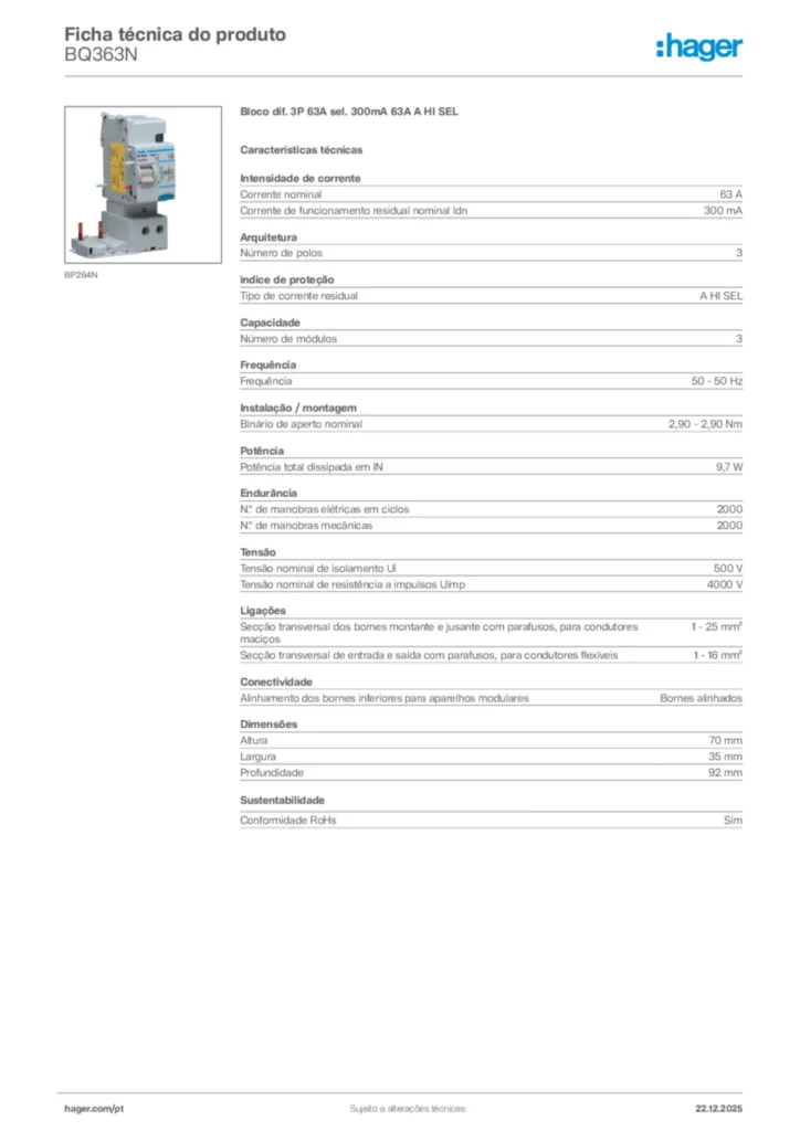 Imagem Hager Ficha técnica do produto BQ363N | Hager Portugal