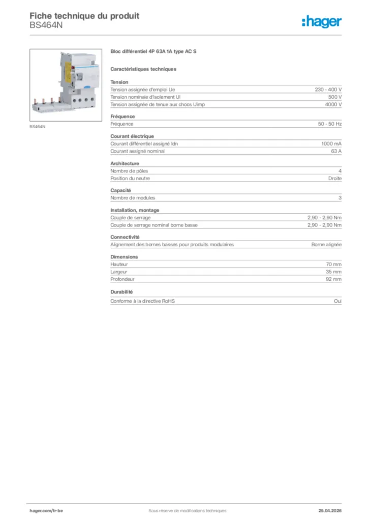 Image Hager Fiche technique du produit BS464N | Hager Belgique