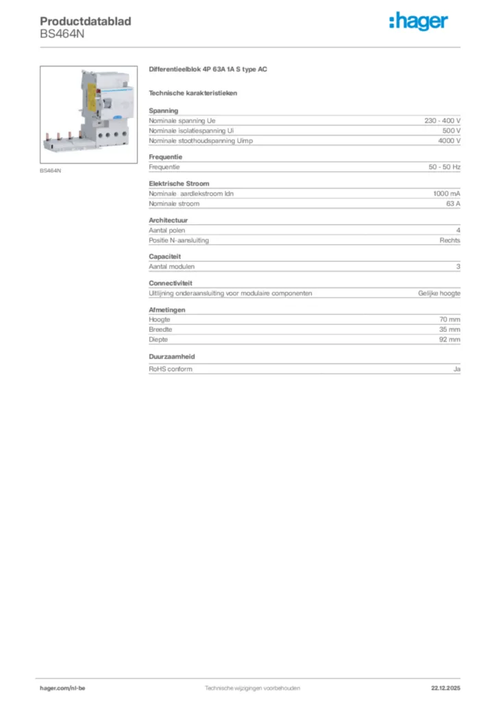 Afbeelding Hager Productdatablad BS464N | Hager Belgium