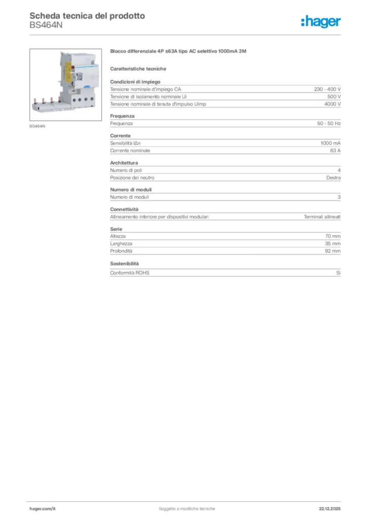 Immagine Hager Scheda tecnica del prodotto BS464N | Hager Italia