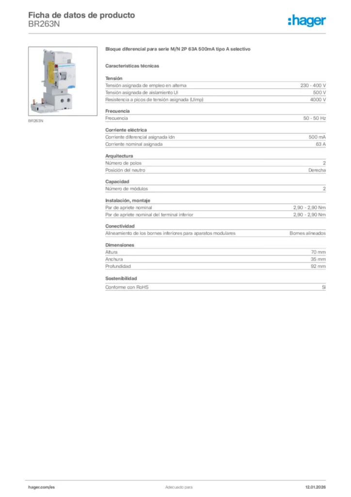 Imagen Hager Ficha de datos de producto BR263N | Hager España