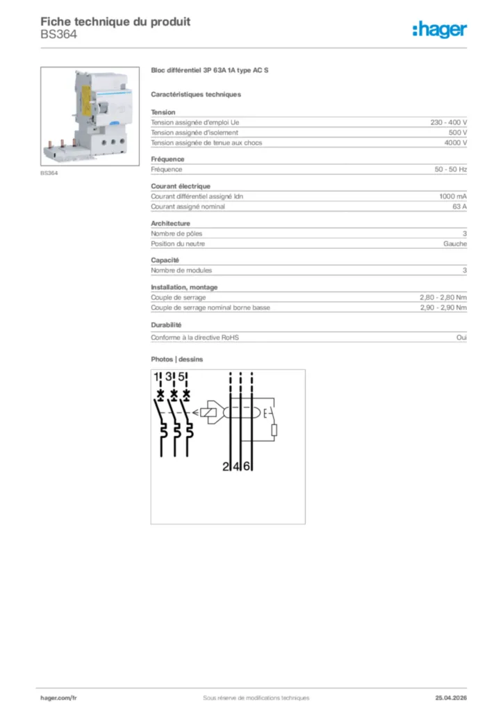 Image Hager Fiche technique du produit BS364 | Hager France