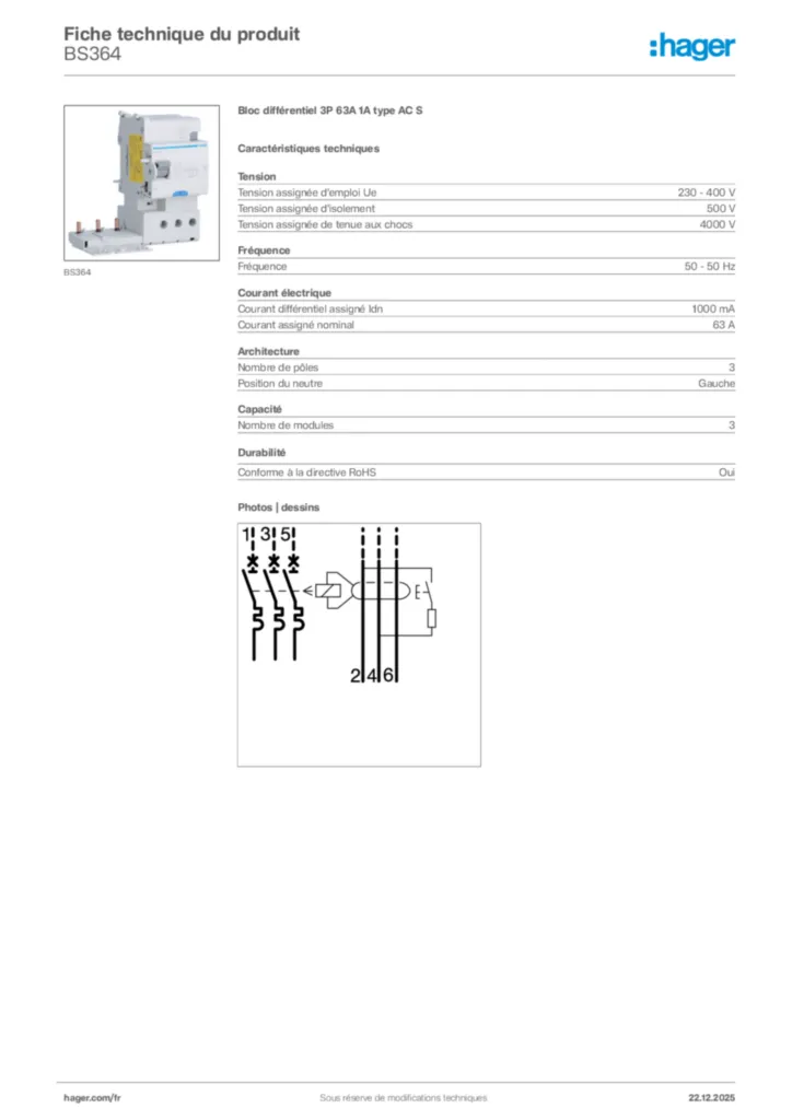 Image Hager Fiche technique du produit BS364 | Hager France