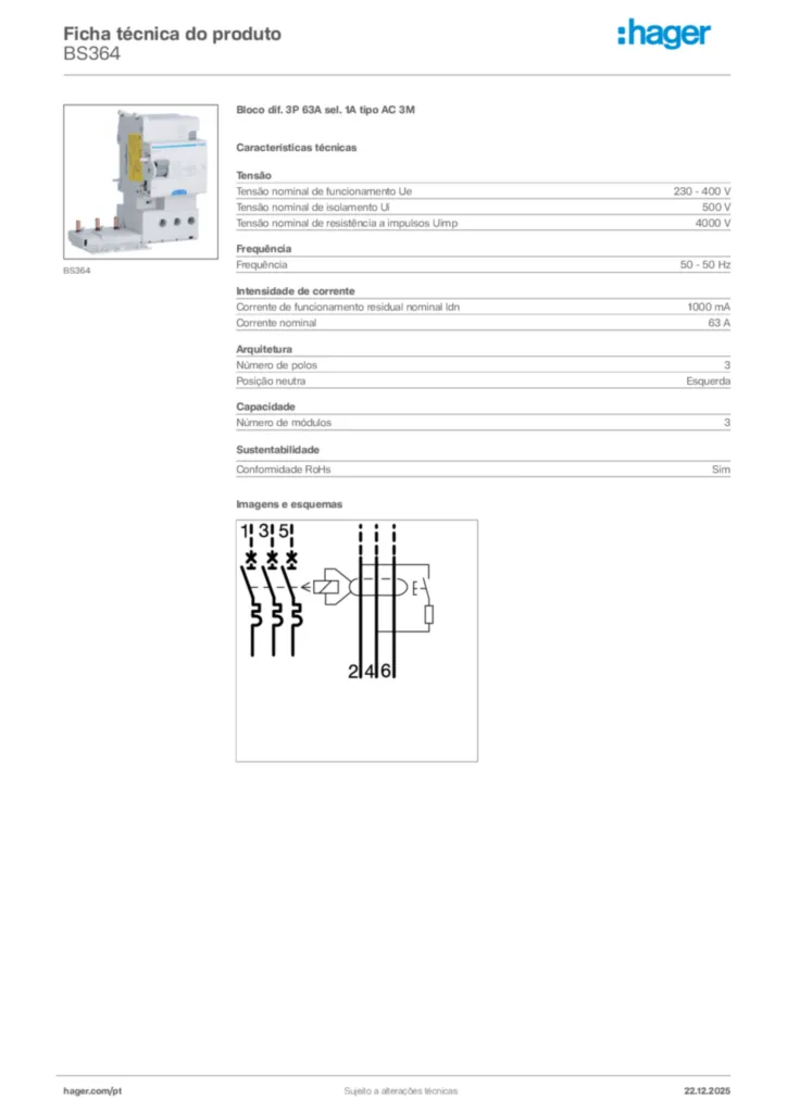 Imagem Hager Ficha técnica do produto BS364 | Hager Portugal