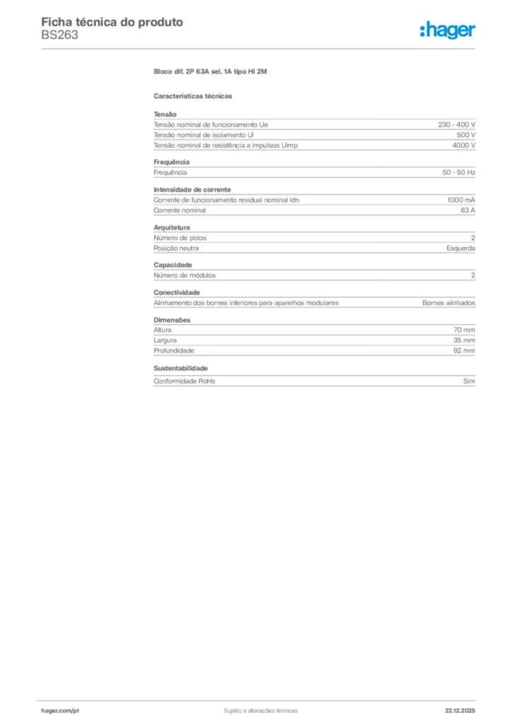 Imagem Hager Ficha técnica do produto BS263 | Hager Portugal