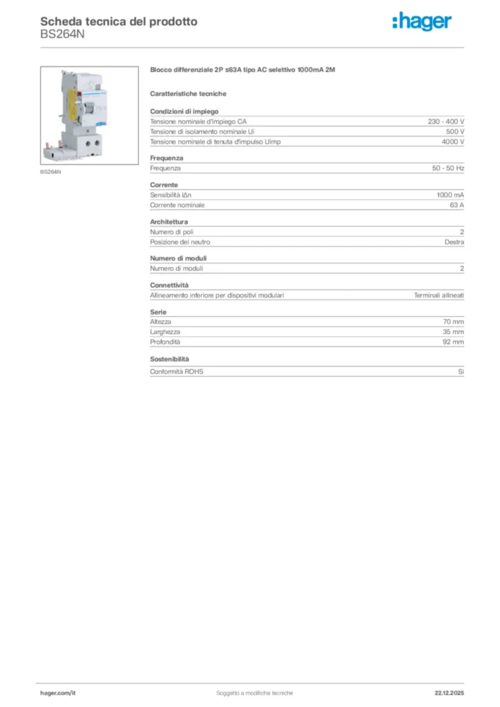 Immagine Hager Scheda tecnica del prodotto BS264N | Hager Italia